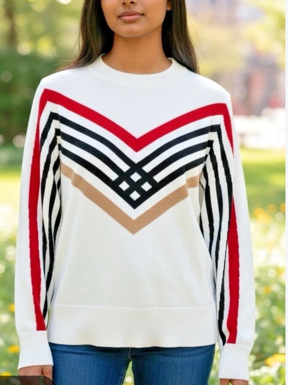 Etcetera Cream Crewneck Sweater with Red, Black & Tan Chevron Stripes